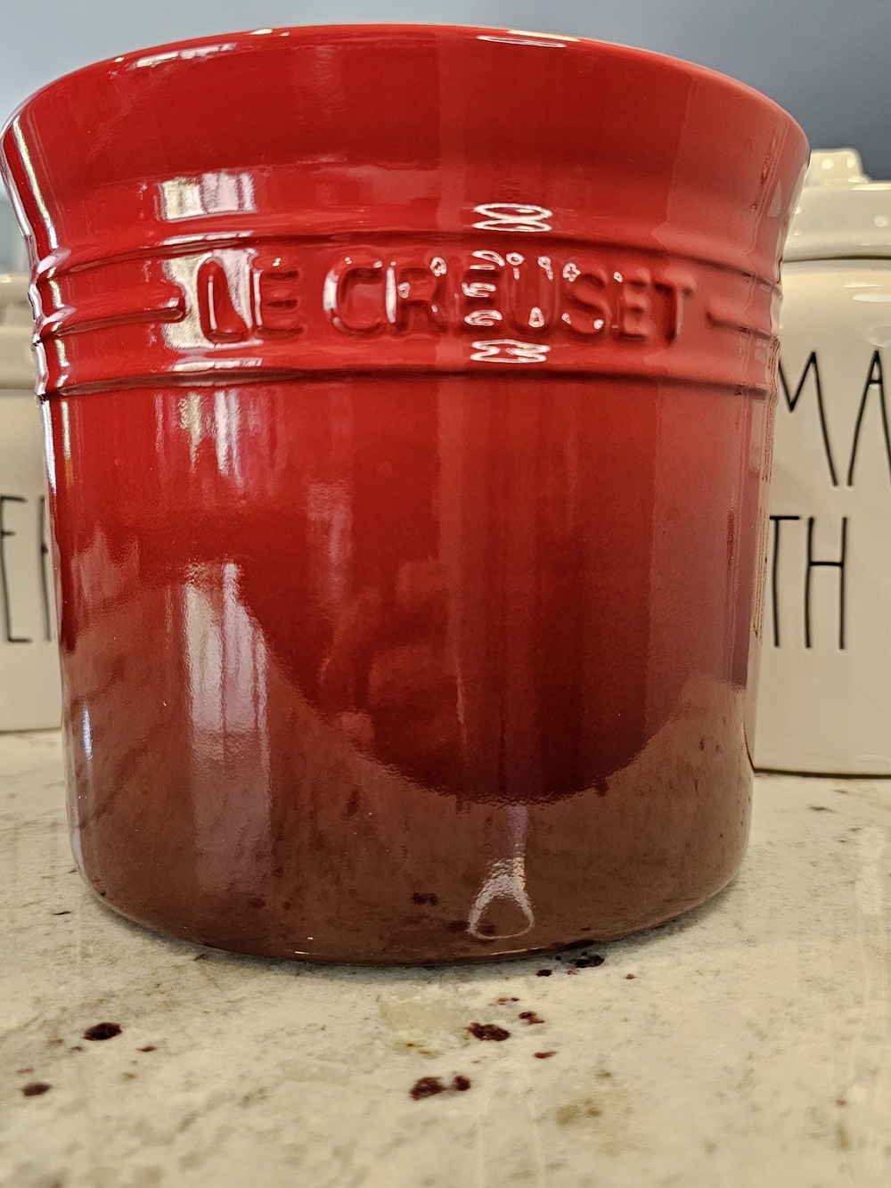 Le Creuset Cherry Red Ombre Stoneware Utrnsil Crock Canister Kitchen Organize